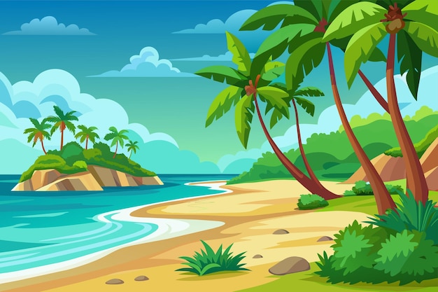 Vector una escena de playa con palmeras y una escena de costa