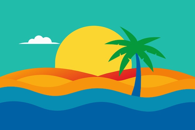 una escena de playa con palmeras y una escena de costa