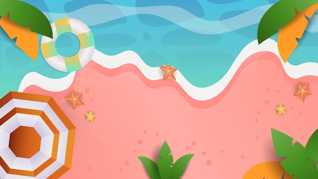 Escena de playa con palmeras paraguas y océano