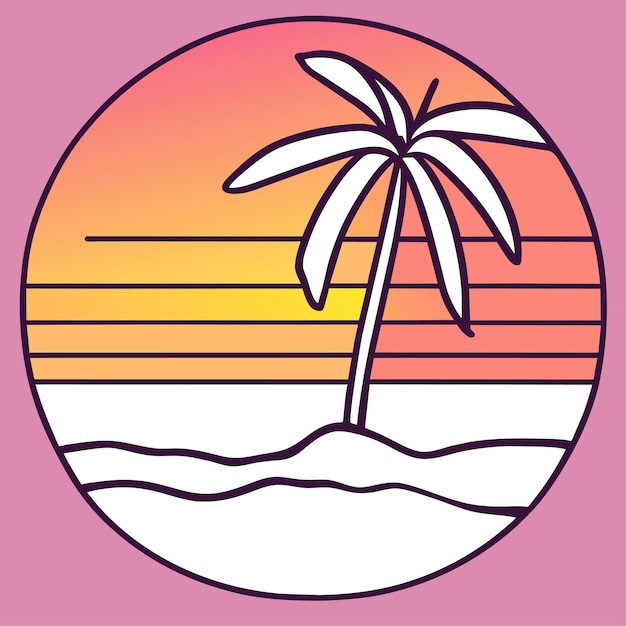 Una escena de playa pixelada con una vibrante puesta de sol naranja y rosa siluetas de palmeras balanceándose en el