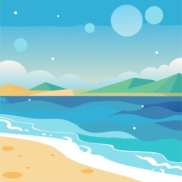 una escena de playa con una playa y el océano en el fondo
