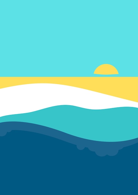 una escena de playa con una puesta de sol y el océano en el fondo