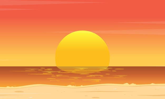 Vector una escena de playa con una puesta de sol y el sol de fondo.