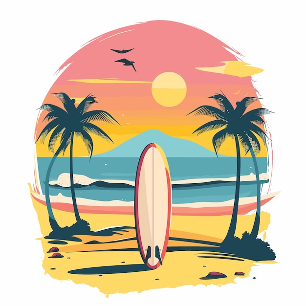 Vector una escena de playa con una tabla de surf y una palmera