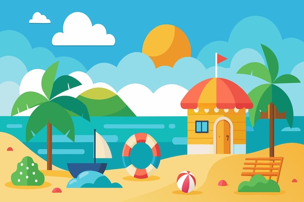 Vector una escena de playa con una torre de salvavidas con vistas a la costa con un salvavidas de colores brillantes en primer plano