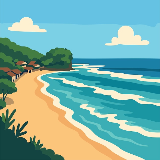 Escena de playa tropical con casas y aguas azules claras