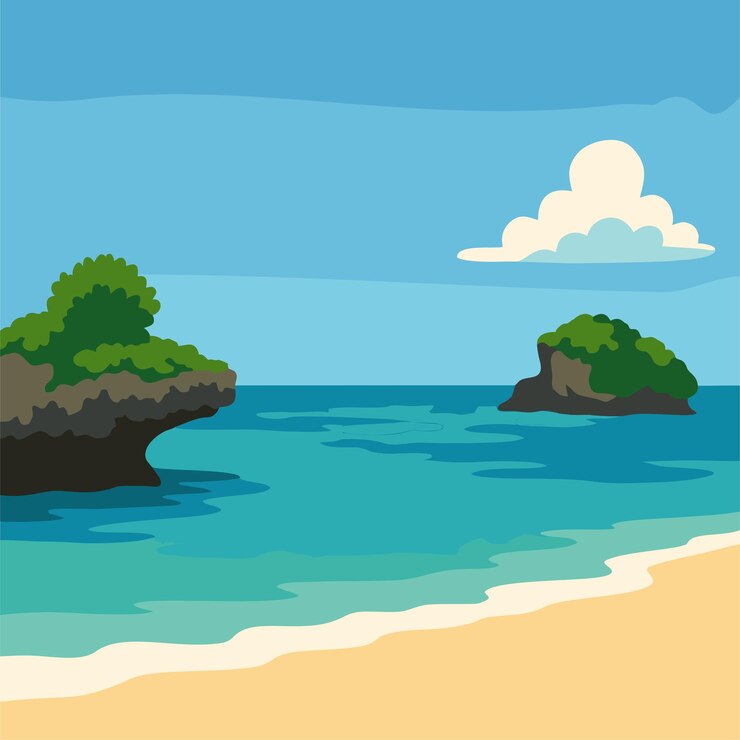 Vector escena de playa tropical con islas y agua turquesa