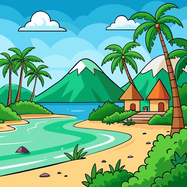 Vector escena de playa tropical con muchas palmeras verano adhesivo dibujado a mano concepto de icono aislado