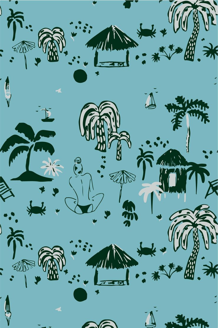 Escena de playa tropical con palmeras y cabañas