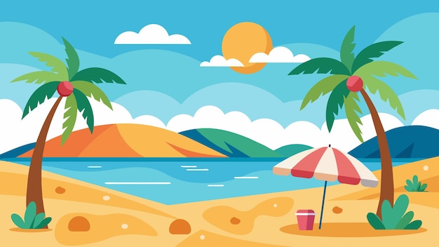 Escena de playa tropical con palmeras y paraguas