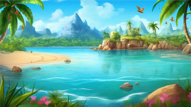 una escena de playa tropical con palmeras y rocas como fondo del juego