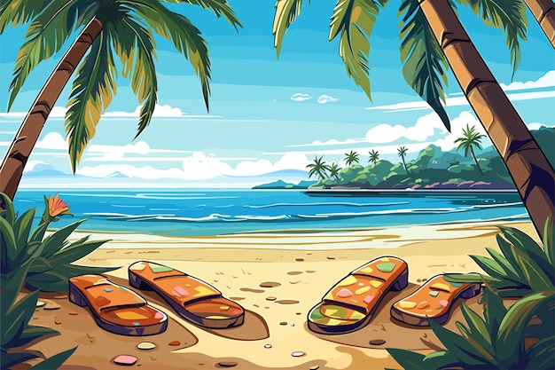Vector escena de playa tropical con zapatillas y aletas vector libre