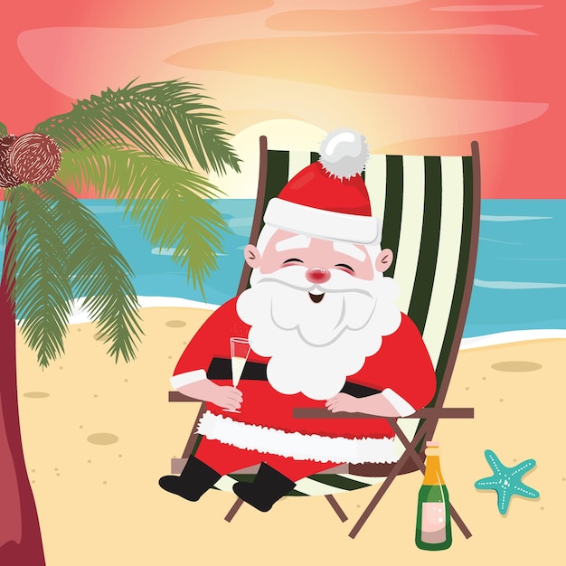 Escena de playa de vacaciones con Papá Noel relajándose en una silla bebiendo champán cerca de una palmera
