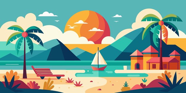 Vector una escena de playa con un velero y una playa con montañas en el fondo