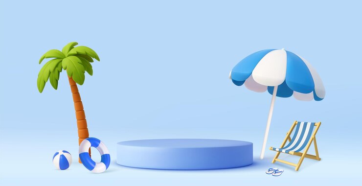 Vector escena de playa de verano en 3d con palma y paraguas