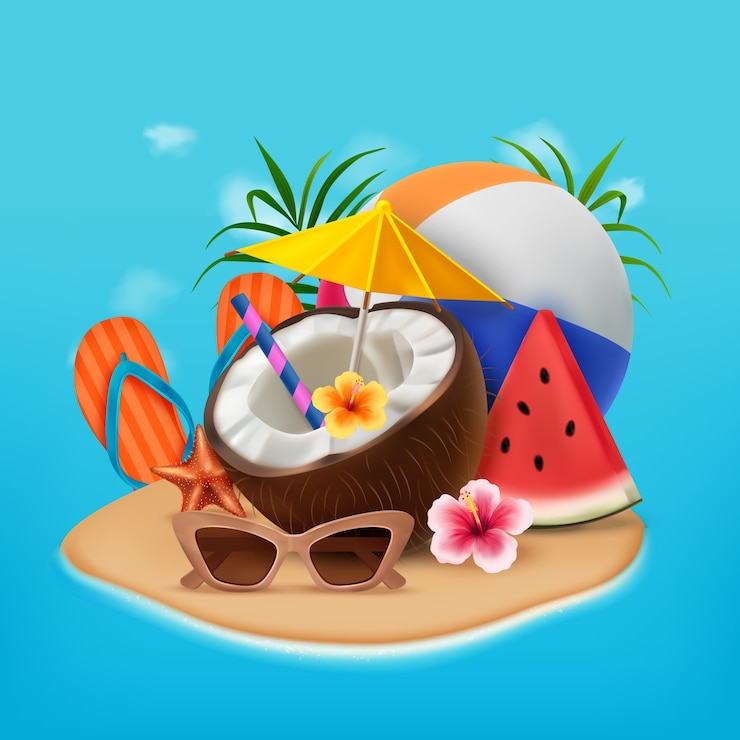 Vector escena de playa de verano con cóctel de coco
