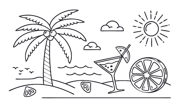 Escena de playa de verano con cóctel de palma y sol