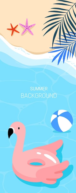 Escena de playa de verano con flamencos flotantes