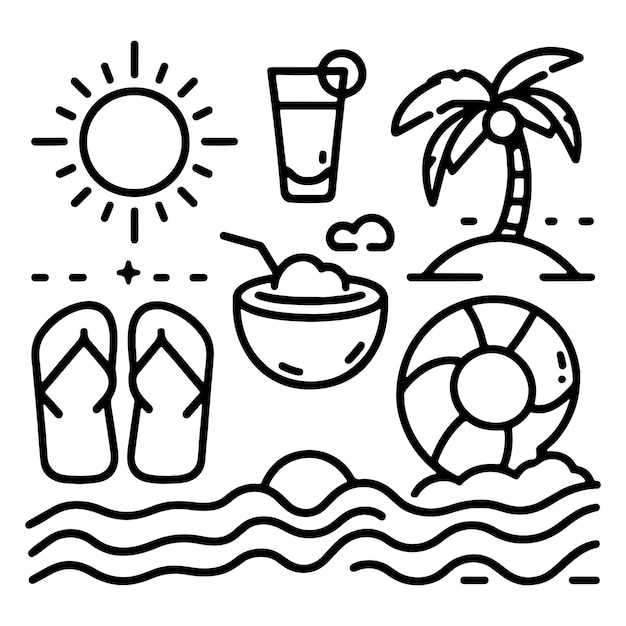 Escena de playa de verano con palmeras solares y elementos tropicales