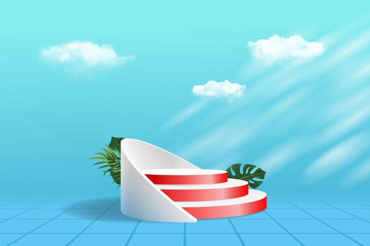 Escena de podio con plataforma de forma geométrica en el cielo de fondo y las nubes Producto de estudio de escenario