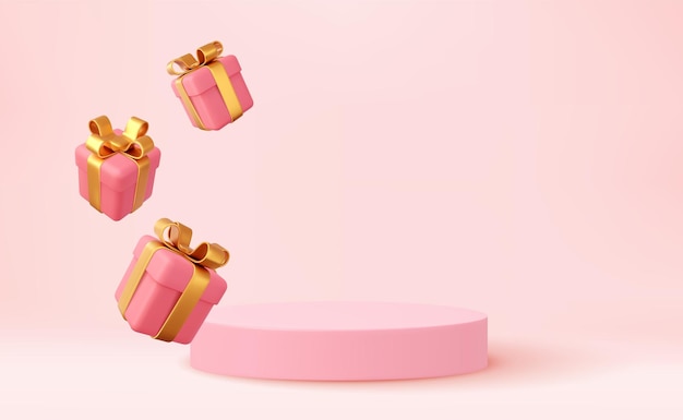 Escena de podio de producto de estilo navideño 3d con caja de regalo blanca que cae volando con lazo dorado Feliz Navidad y año nuevo diseño de banner festivo tarjeta de felicitación representación 3d Ilustración vectorial