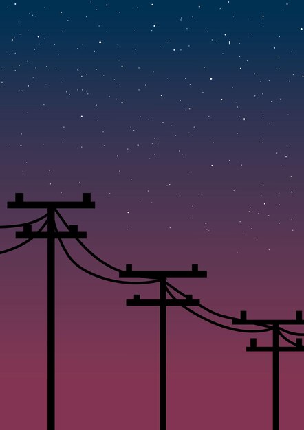 escena de un poste de luz con un fondo púrpura con un cielo con estrellas y una línea de líneas eléctricas