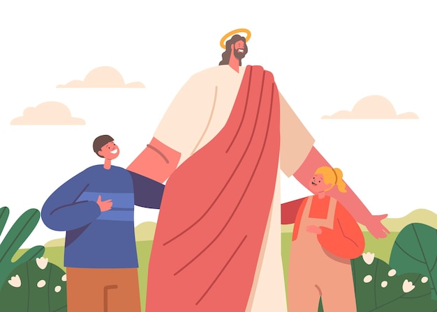 Vector escena de pradera pacífica con jesús de pie entre niños rodeados de naturaleza concepto de amor y bondad de jesús