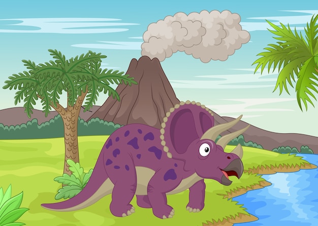 Vector escena prehistórica con dibujos animados de triceratops