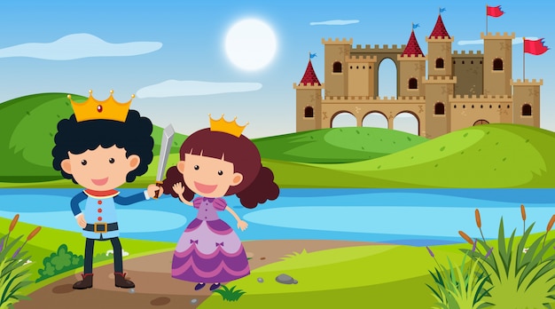 Vector escena con príncipe y princesa en tierra de cuento de hadas