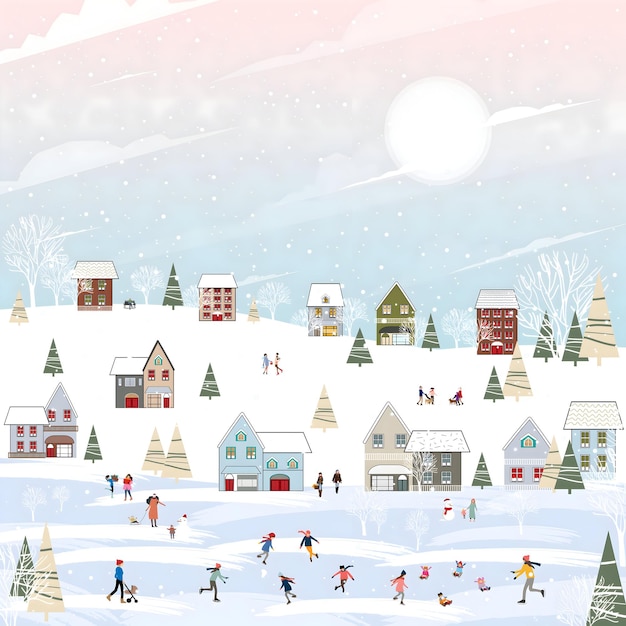 Escena de un pueblo de invierno con nieve y gente disfrutando de las actividades de invierno