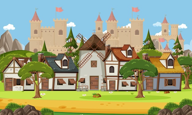 Vector escena de pueblo medieval con fondo de castillo