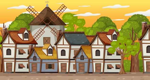 Vector escena de pueblo medieval con molino de viento y casas.