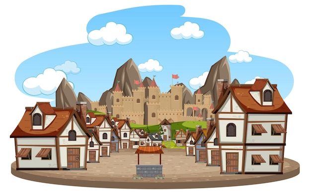 Escena de pueblo medieval sobre fondo blanco.