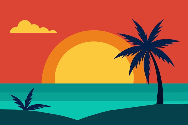 una escena de puesta de sol con palmeras y una escena de playa