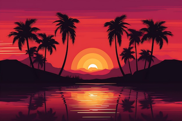 Vector escena de puesta de sol palmeras de estilo romano