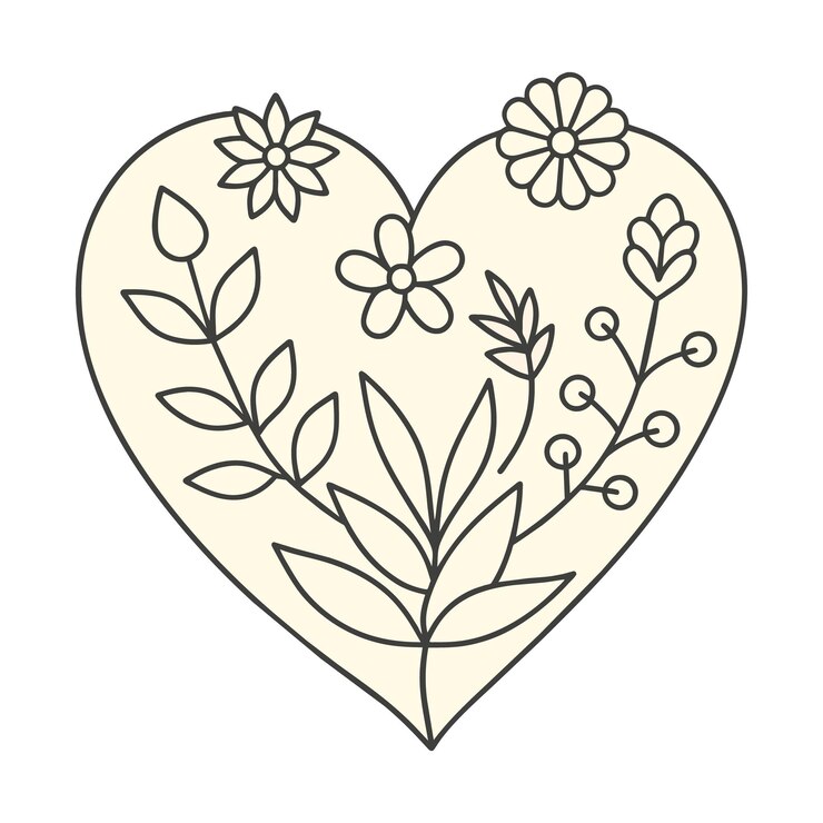 Una escena que representa una disposición en forma de corazón de flores, hojas y otros elementos naturales
