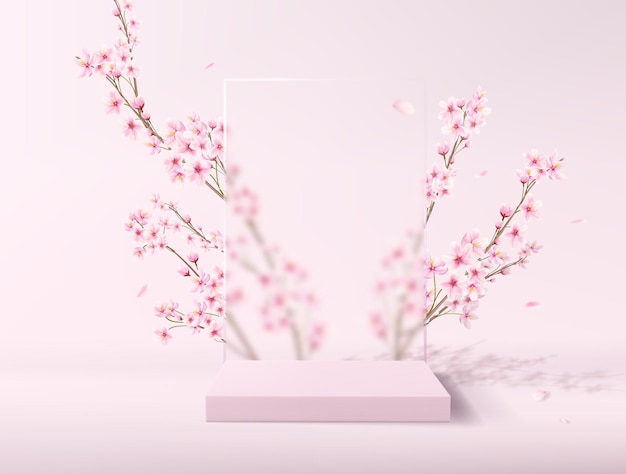 Una escena realista con un pedestal en colores rosa pastel. Plataforma cuadrada con vidrio esmerilado y flores al fondo para la demostración del producto.