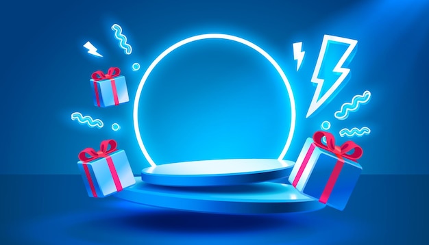 Escena de regalos mega venta de compras podio pancarta de neón noche pedestal ilustración vectorial