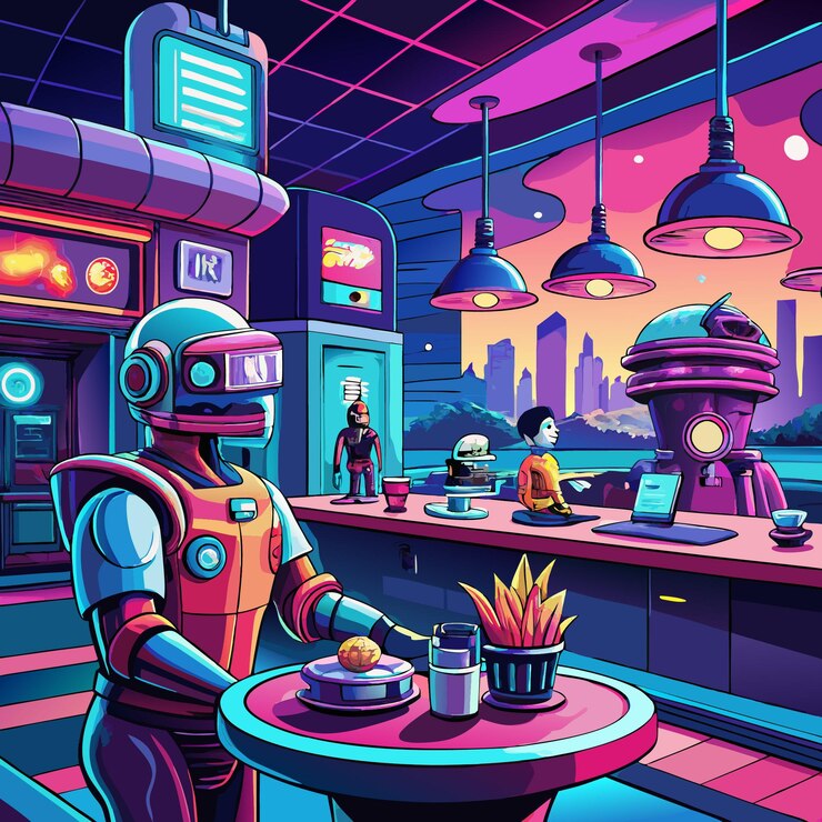 Vector una escena de restaurante futurista con letreros de neón, mesas flotantes y camareros robóticos que sirven al estilo retro