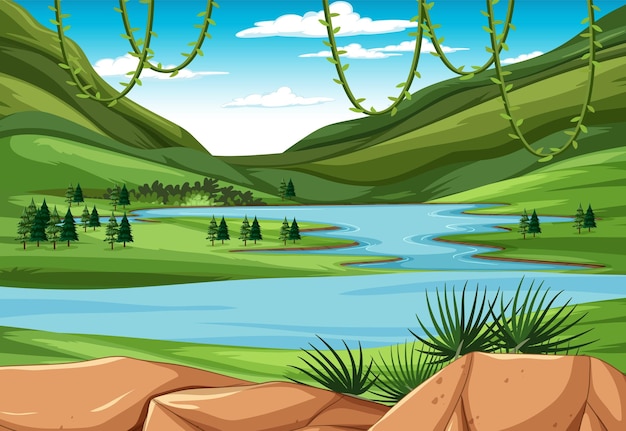 Vector escena con río en el bosque.