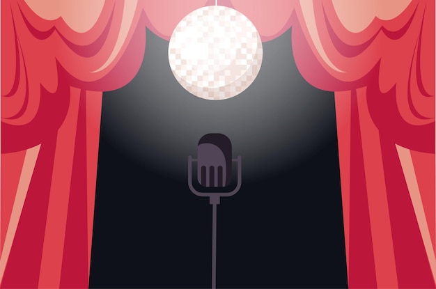 Vector escena roja del teatro del escenario con cortina de micrófono concepto diseño gráfico plano ilustración