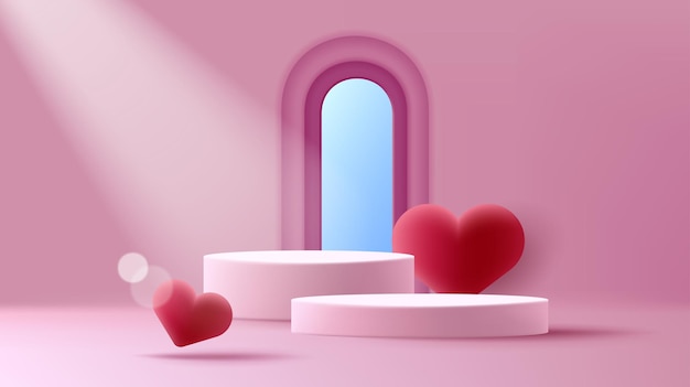 Escena romántica de colocación de productos con podio de cilindro 3d corazones rojos y ventana