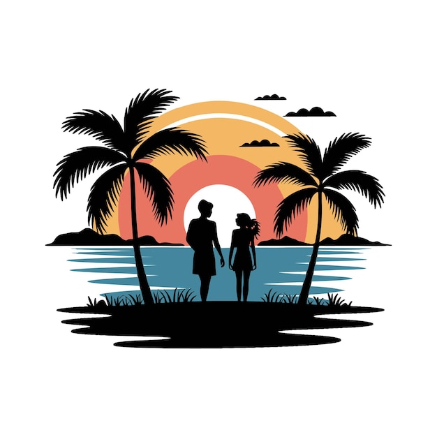 Escena romántica de la playa al atardecer con palmeras