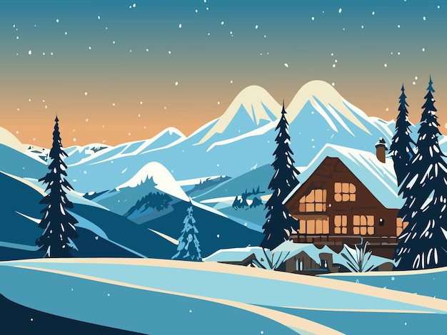 Vector escena rural del paisaje de la casa de invierno con montañas nevadas, abetos y casa de madera