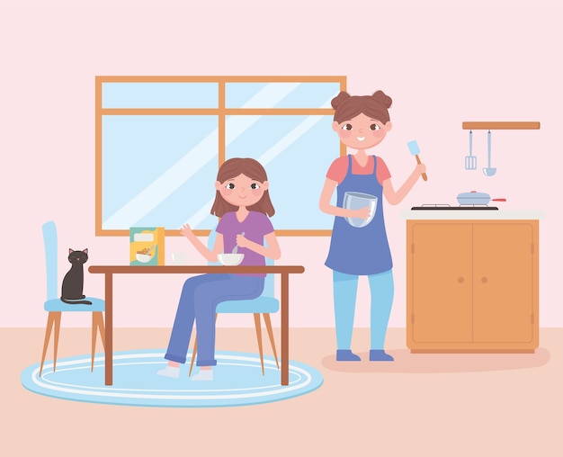 Escena de rutina diaria, mujer e hija comiendo alimentos saludables de ilustración de vector de ilustración de vector de desayuno