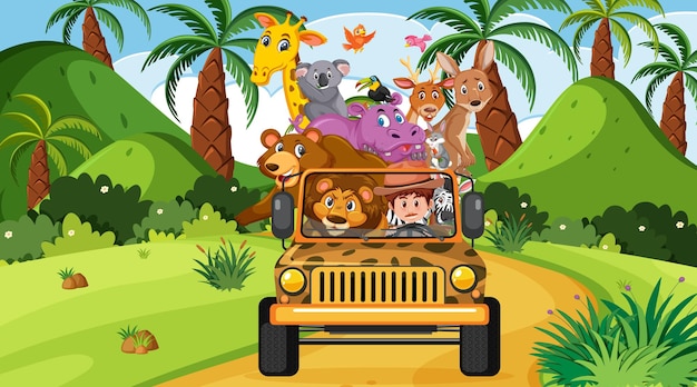 Escena de safari con animales salvajes en el coche jeep.