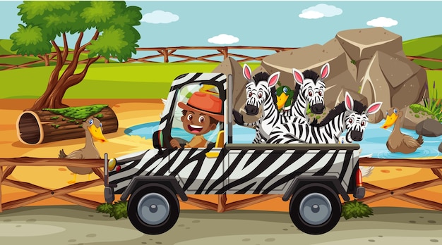 Vector escena de safari con muchas cebras en un camión.