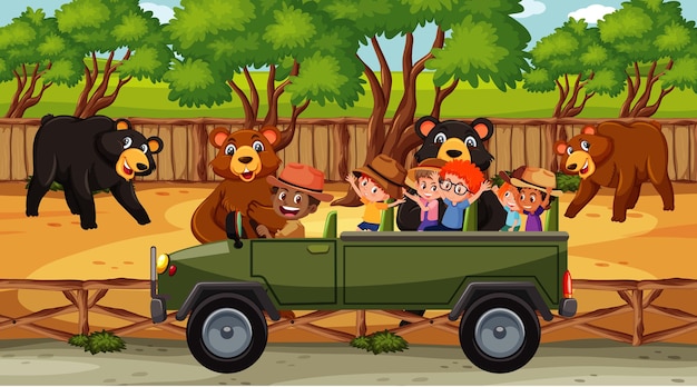Escena de safari con muchos osos y niños en coche turístico.