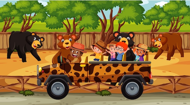 Escena de safari con muchos osos y niños en coche turístico.