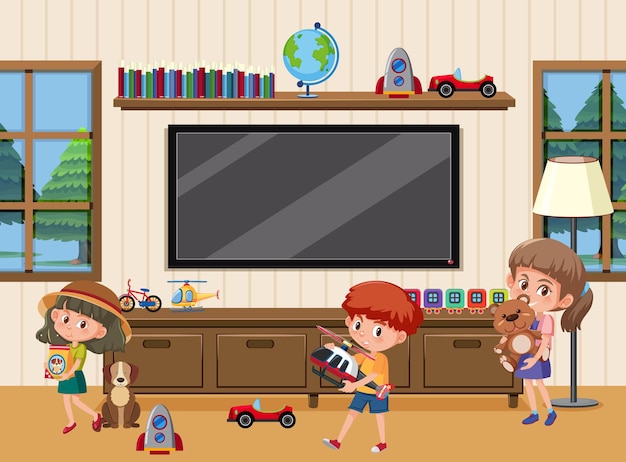 Vector escena de la sala de estar con el personaje de dibujos animados de los niños.